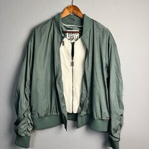 Peace Love‎ World Pooch Bomber Jacket Lightweight Ruched Sleeve Olive Green Sz S